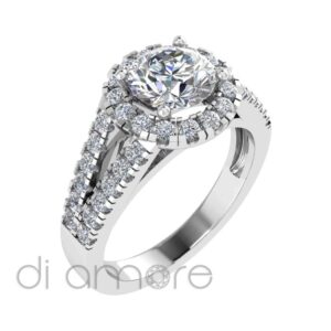 Castle Split Shank Halo Round Diamond Engagement Ring