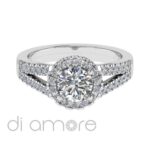 Castle Split Shank Halo Round Diamond Engagement Ring