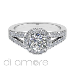 Castle Split Shank Halo Round Diamond Engagement Ring