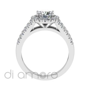 Castle Split Shank Halo Round Diamond Engagement Ring