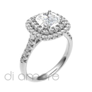 Double Halo Castle Side Cushion Diamond Engagement ring