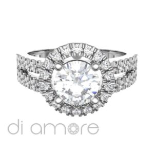 Castle Split Shank Halo Diamond Engagement Ring