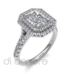 Castle Split Shank Double Halo Emerald Diamond Engagement Ring