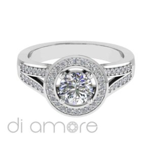 Pave Split Shank Halo Brilliant Diamond Engagement Ring
