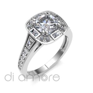 Brilliant And Baguette Side Halo Cushion Diamond Engagement Ring