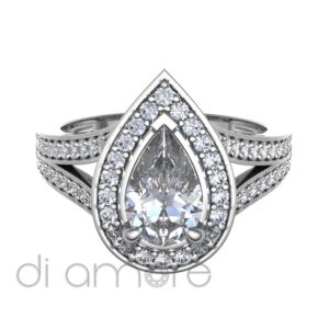 Pave Split Shank Halo Pearshape Diamond Engagement Ring